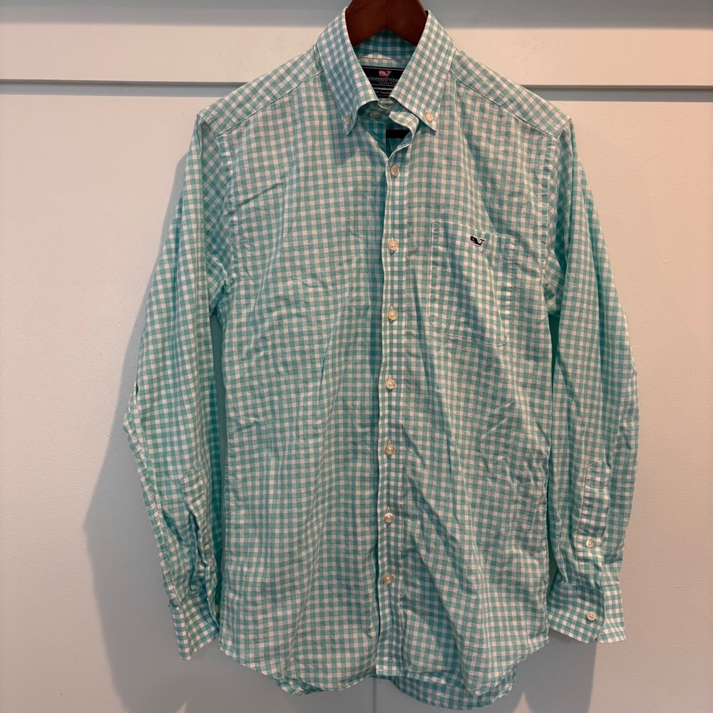 Vineyard Vines Men‎ Slim Fit Tucker Shirt Aqua White Gingham Plaid Whale Logo S